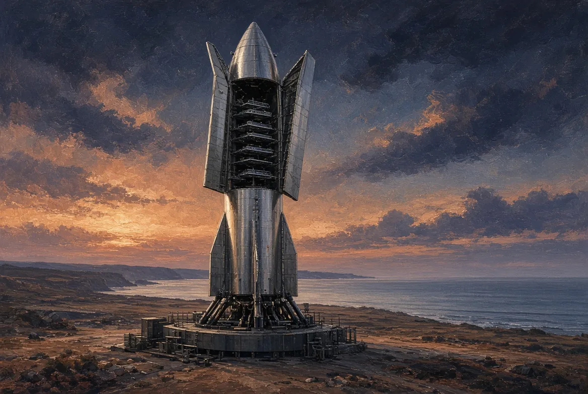 Ракетата Starship на SpaceX на стартовата площадка с отворен товарен отсек