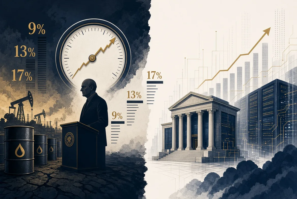 Illustration: oil barrels and Paul Volcker-era inflation and rate figures of 9%, 13% and 17% set against a modern bank and data centers