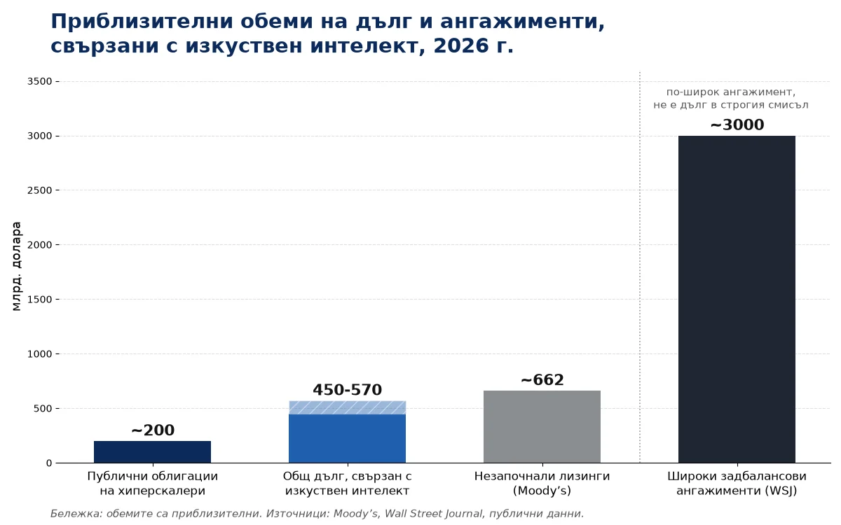 Графика с приблизителните обеми на дълг и ангажименти, свързани с изкуствен интелект, през 2026 г.: 200, 450-570, 662 и 3000 млрд. долара