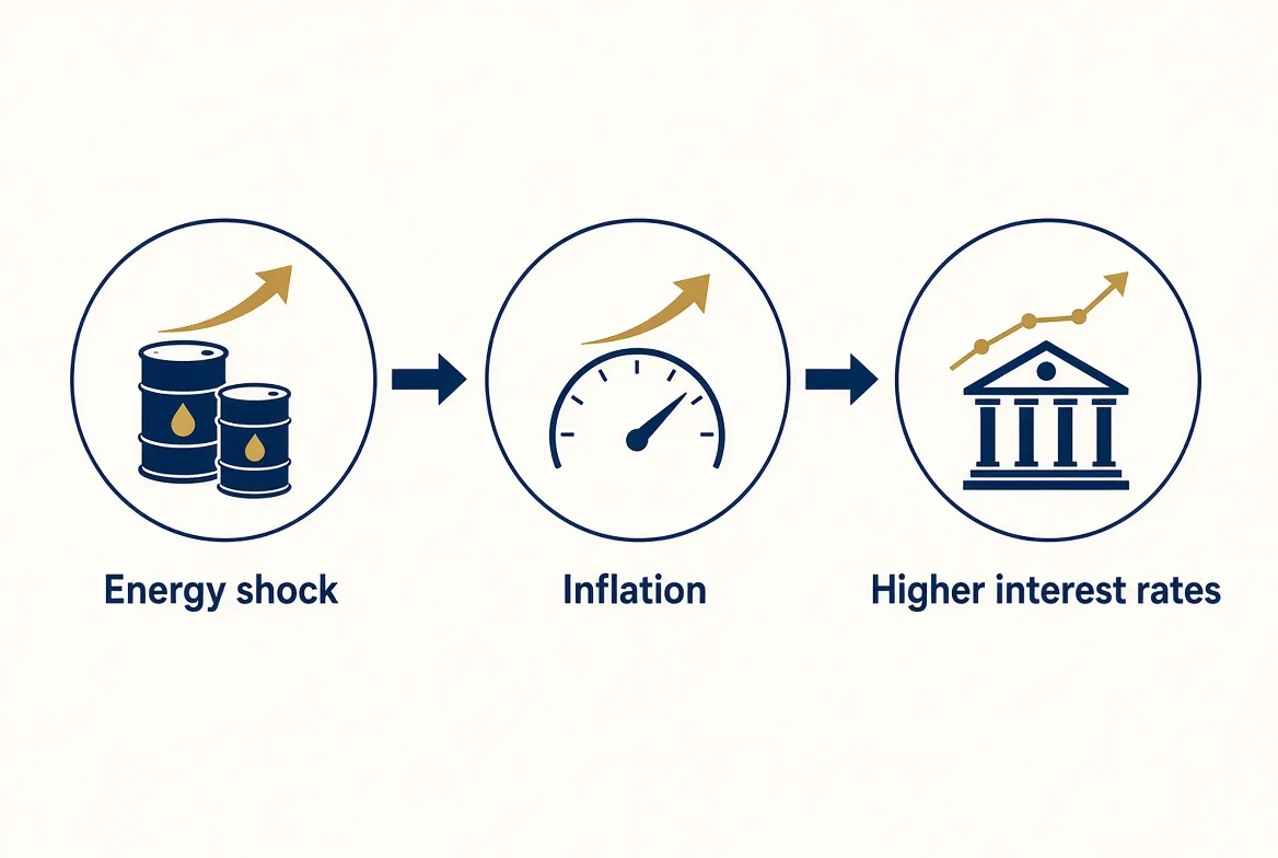 Diagram: an energy shock raises inflation, which leads to higher interest rates