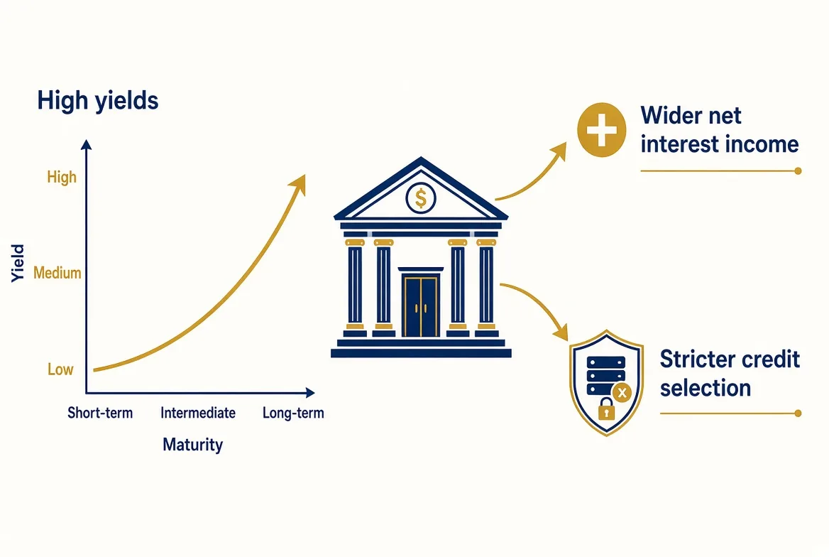 Diagram: high yields widen bank net interest income and make credit selection stricter