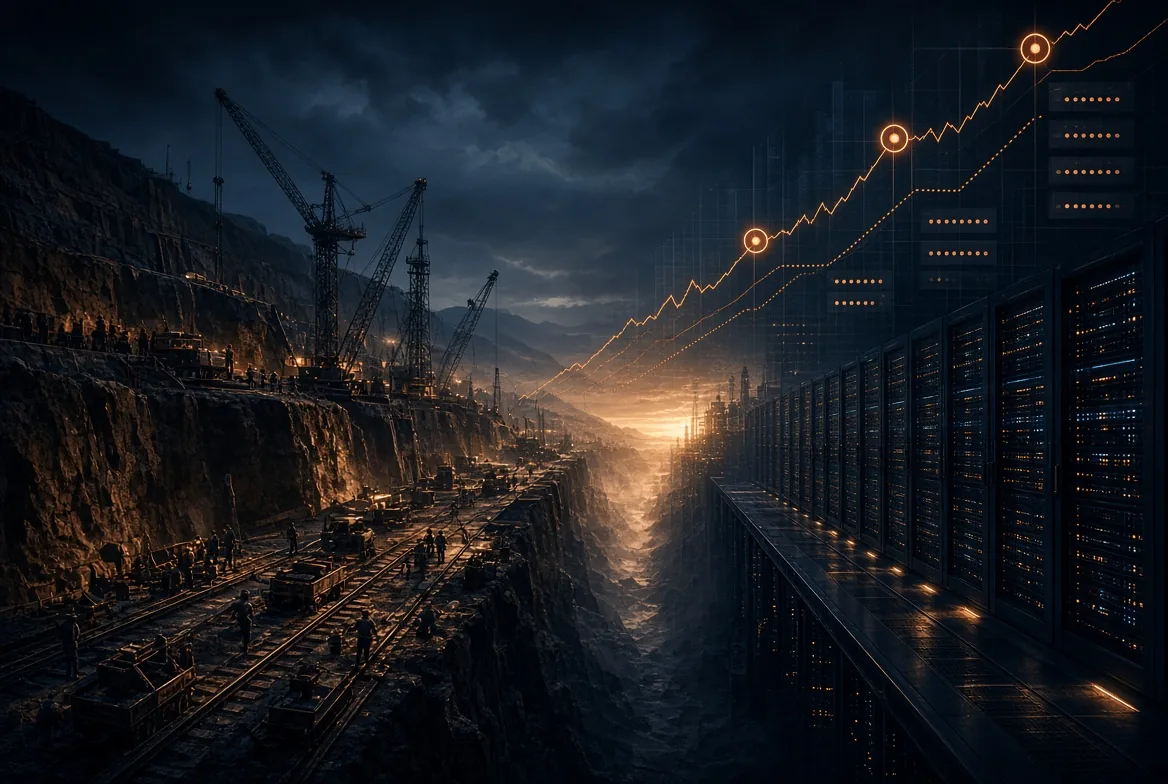 Construction cranes above rows of illuminated server racks in a dark data center under construction