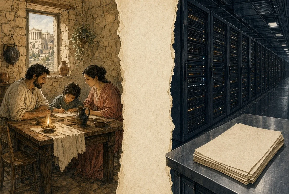 An ancient Greek family writing by an oil lamp beside a data center aisle with a stack of unsigned papers