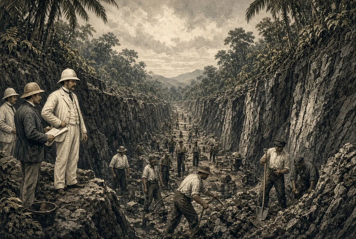 French engineers and workers in the deep excavation during the construction of the Panama Canal in the 1880s