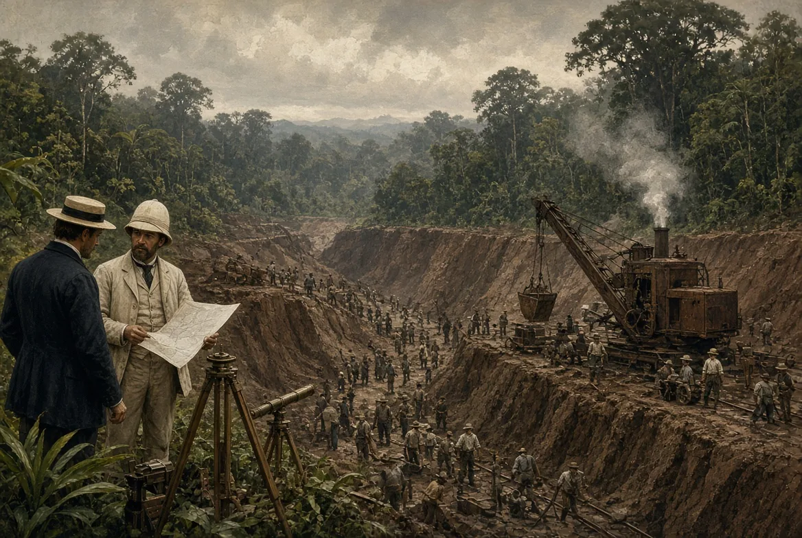 Френският строеж на Панамския канал през 1880-те години: инженери и работници в дълбокия изкоп
