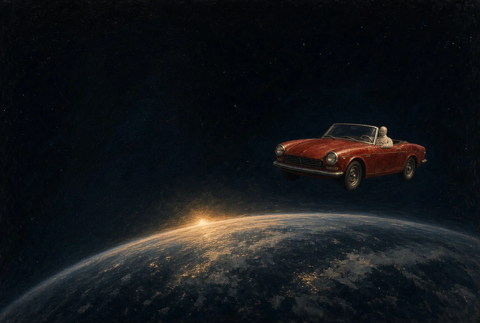 Red Tesla Roadster with the Starman mannequin in a spacesuit above the curve of the Earth