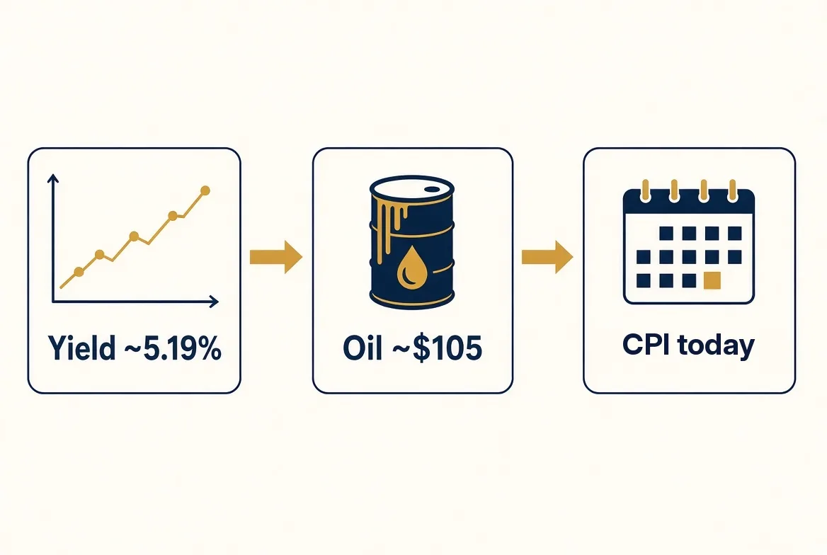 Infographic: 10-year US Treasury yield around 5.19%, Brent oil around 5 and the consumer price index (CPI) released today