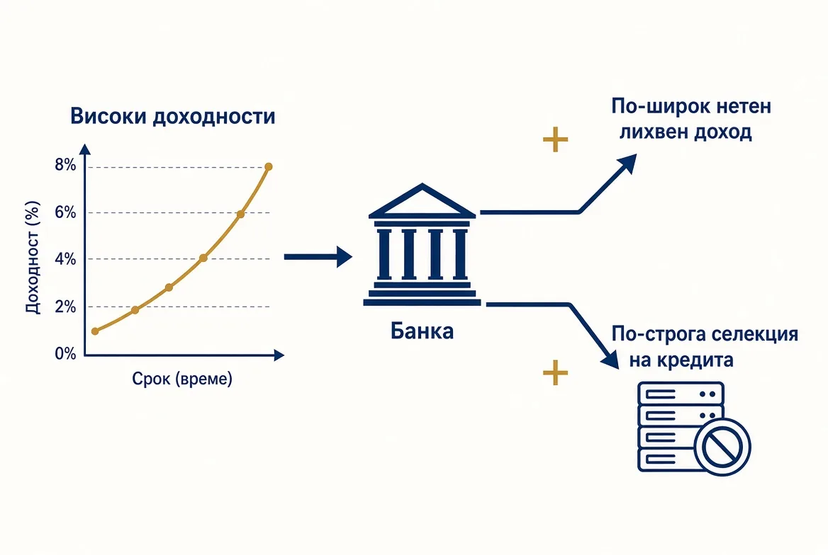 Схема: високите доходности разширяват нетния лихвен доход на банката и правят селекцията на кредита по-строга